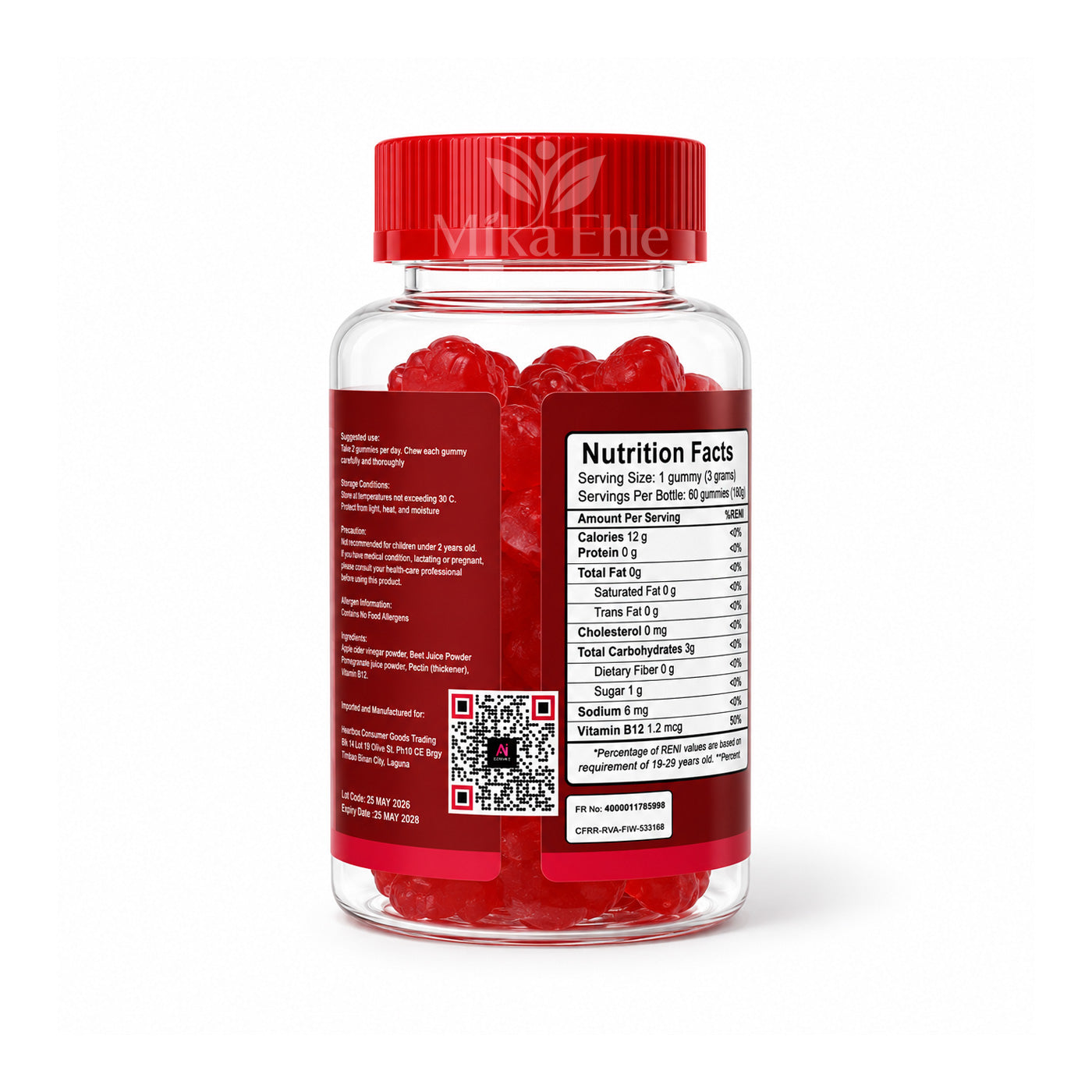 Apple Cider Vinegar Gummies + Vitamin B12 Food Supplement | 60 Gummies